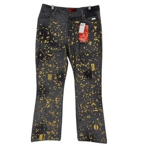Johnny Blaze Flame Splatter Grey Denim Jeans‎ Y2K Streetwear Size 15/16 NWT